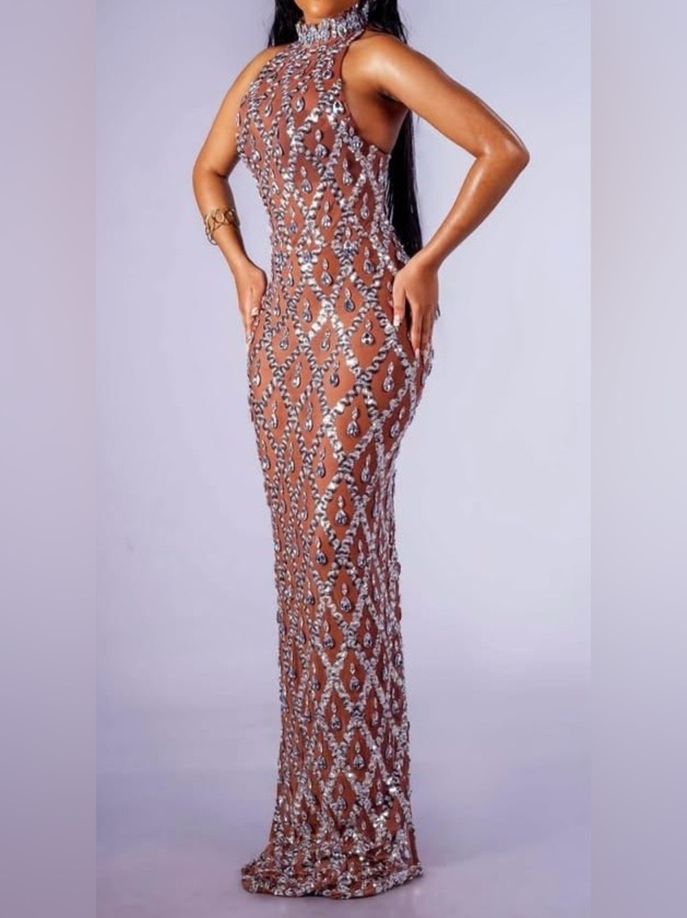 Embellished Nude Bodycon Evening Dress